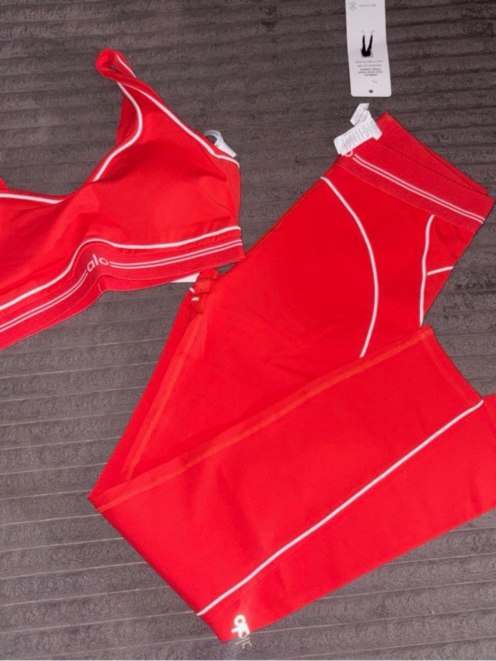 ALO Yoga Red Sports Bra and Legging Set with White Trim